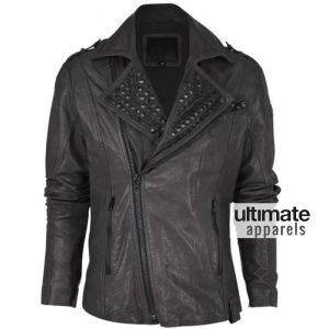 Asymmetrical Style Black Rock and Roll Studded Men's Leather Jacket