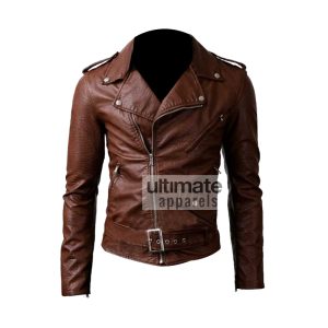 Slim Fit Belted Rider Brown Leather Jacket