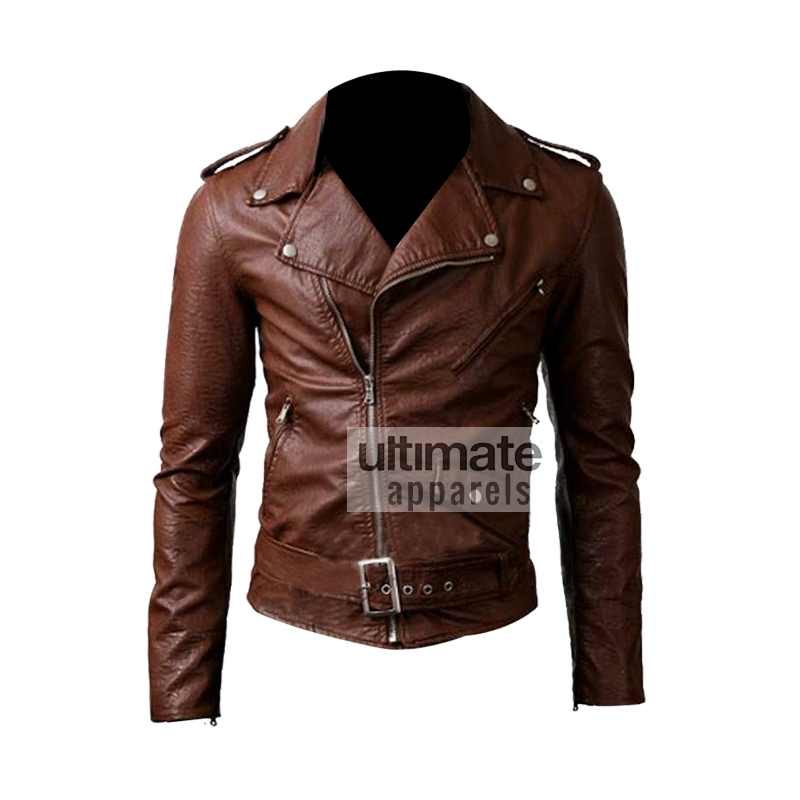Slim Fit Belted Rider Brown Leather Jacket