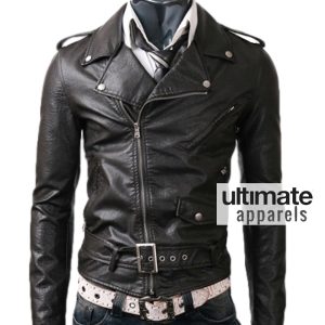 Belted Rider Men's Slim Fit Biker Black Leather Jacket
