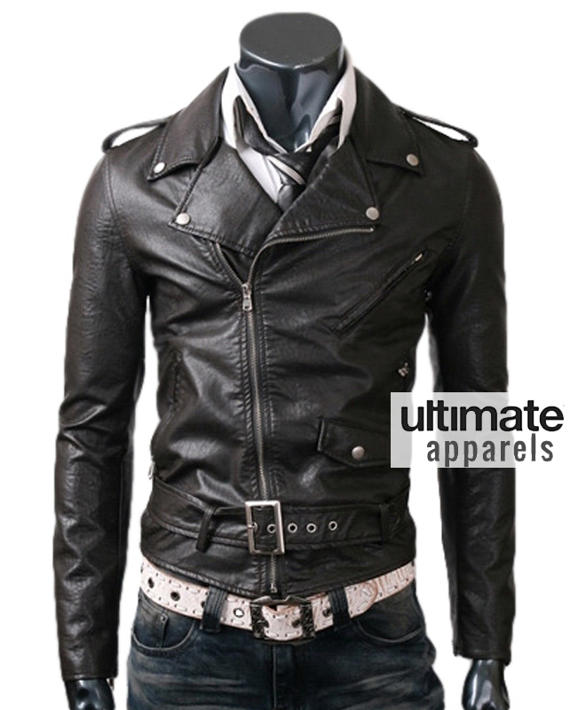 Black Slim Belted Rider Leather Jacket