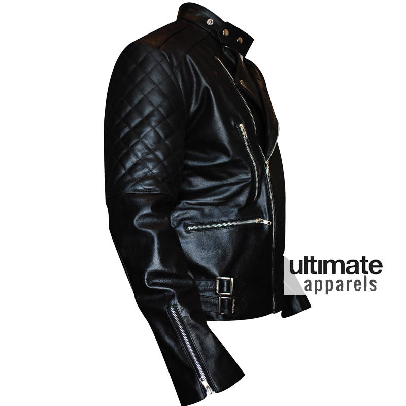 Brando Men's Vintage Quilted Black Biker Leather Jacket