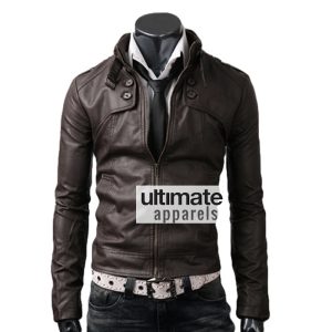 Button Pocket Dark Brown Leather Jacket