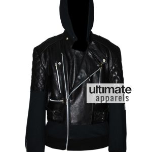 Chris Brown Designers Black Hooded Leather Jacket