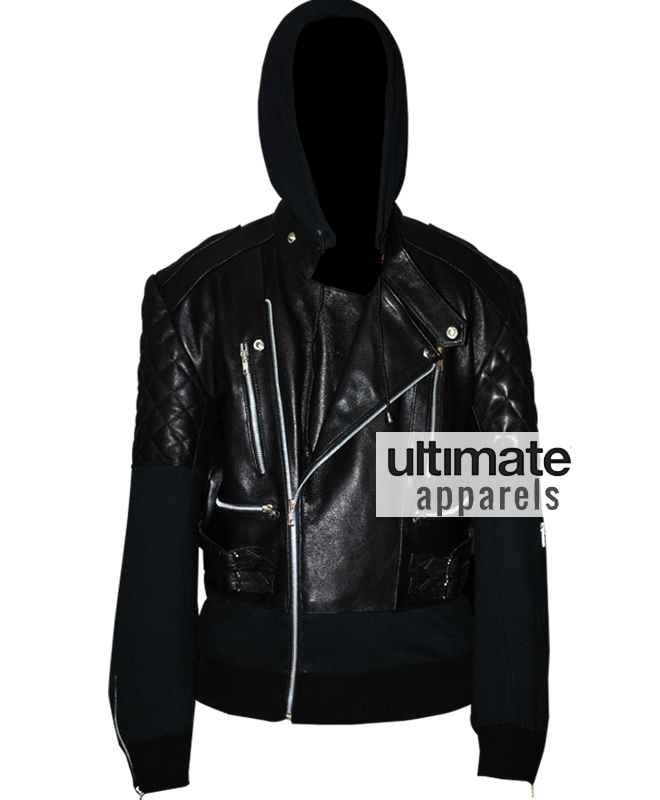 Chris Brown Designers Black Hooded Leather Jacket