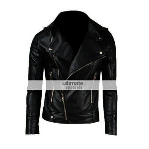 Slim Fitted Mens Faux/PU Black Leather Biker Jacket