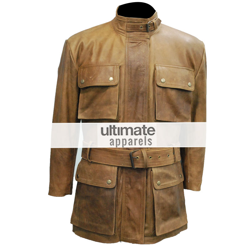Men Distressed Light Brown Belted Moto Long Jacket