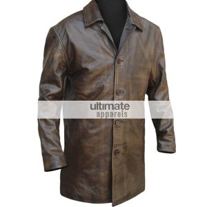 Mens Distressed Brown Trench Leather Blazer Jacket
