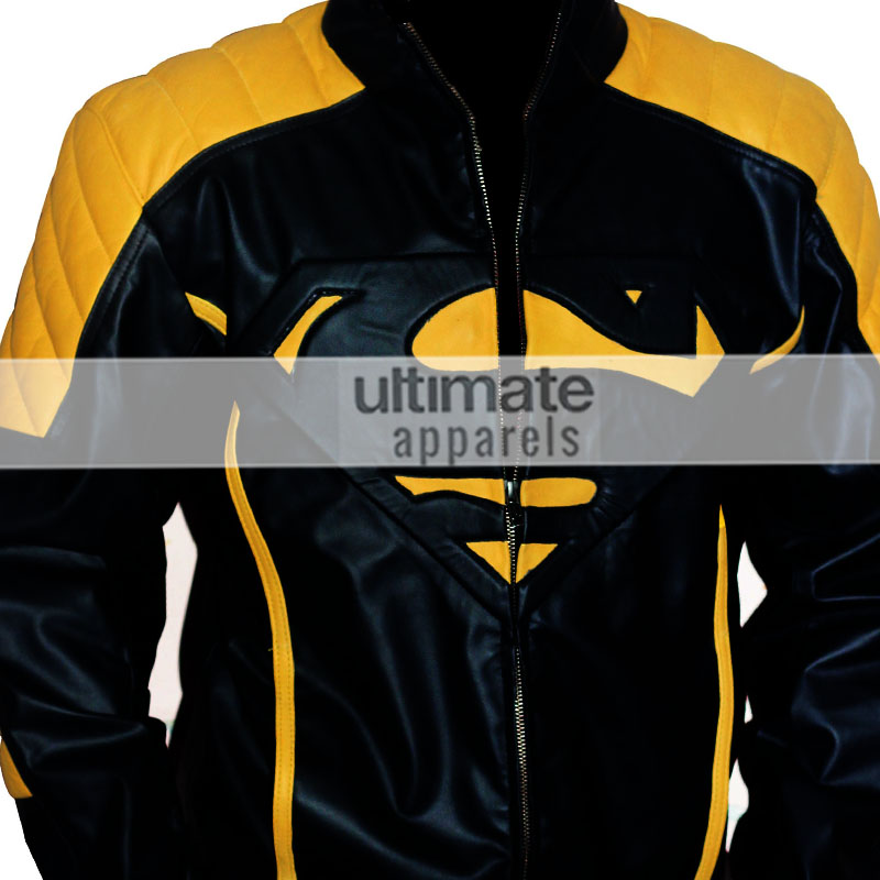 Superman Mens Yellow Stripes Black Leather Jacket