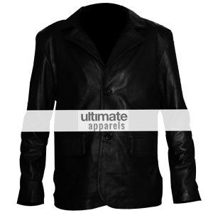 Classic Mens Black Leather 2 Button Blazer Jacket