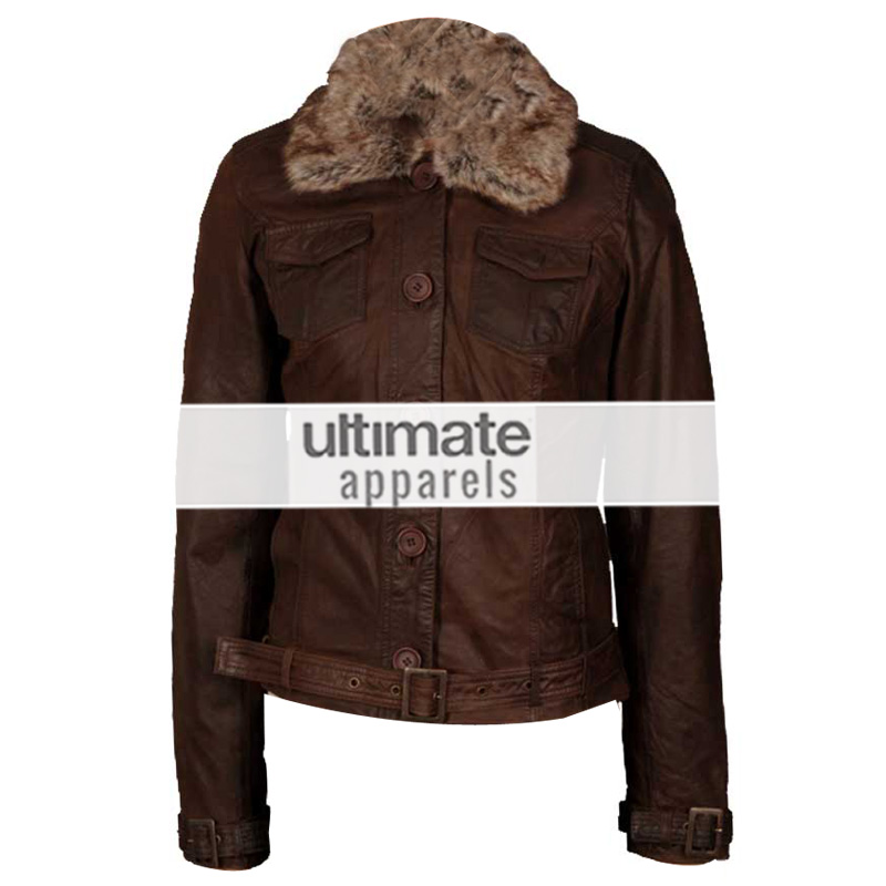 Women's Dark Brown Leather Jacket With Fur Collar