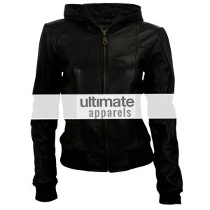 Women Hooded Black Leather Bomber Jacket