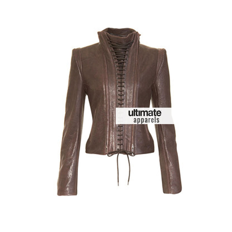 Women's Vintage Style Lace Up Brown Leather Jacket