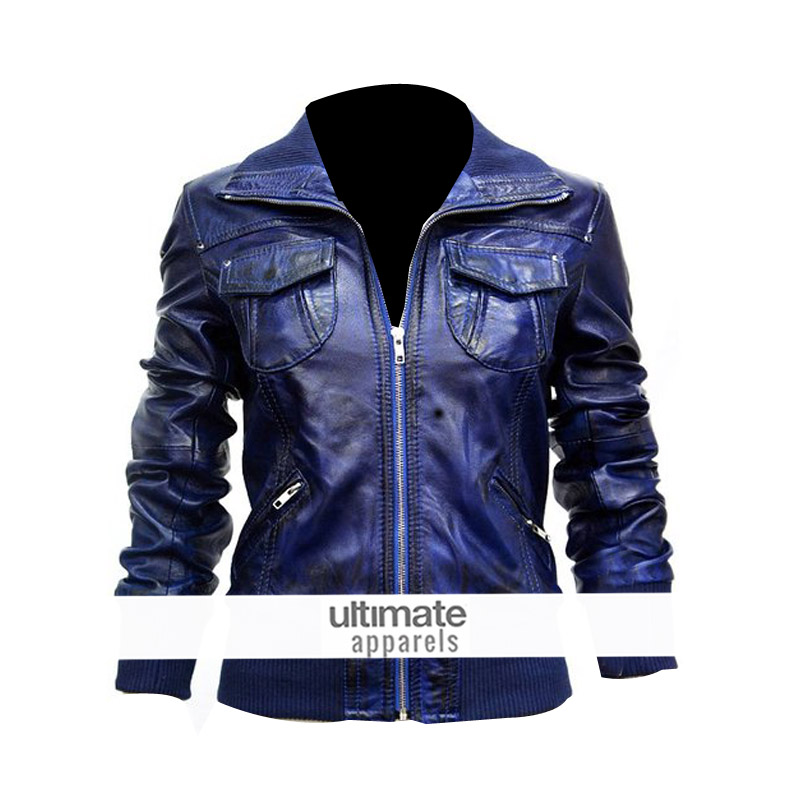 Women's Blue Bomber Leather Motorcycle Jacket