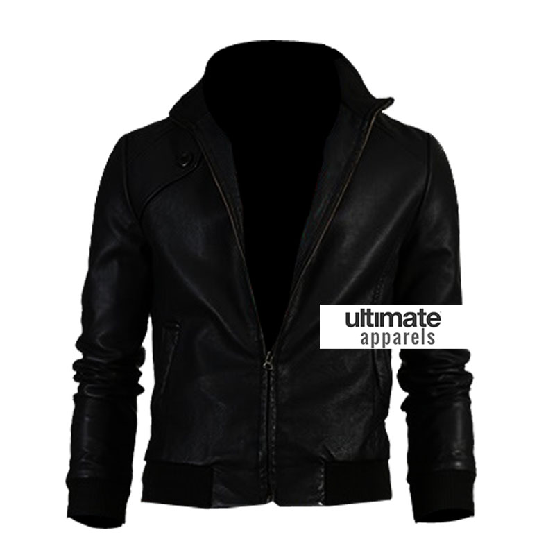 Slim Fit Men Black Bomber Leather Jacket