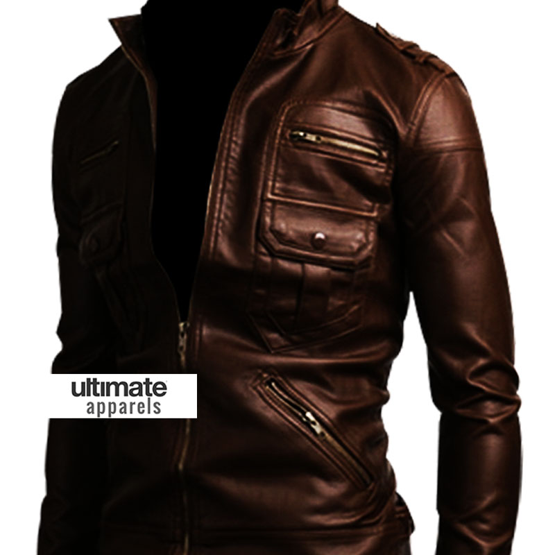 Slim Fit Zip Pocket Dark Brown Men Leather Jacket