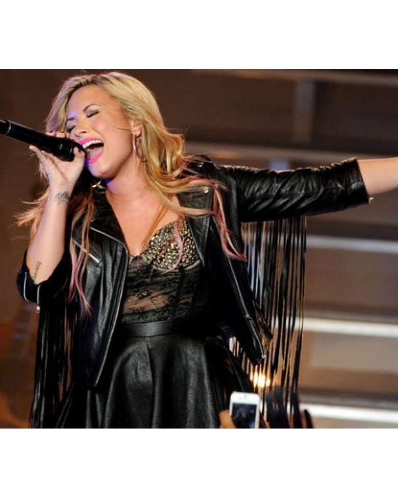 Demi-lovato-fringe-black-leather-jackets