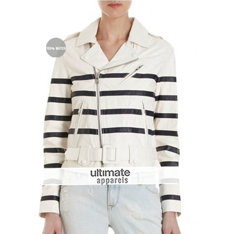 Katie Holmes White Striped Biker Jacket