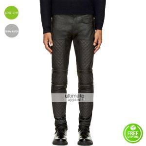 Men Dark Grey Leather Zip Panel Quilted Pants