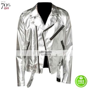 New Men Silver Shiny leather Jacket