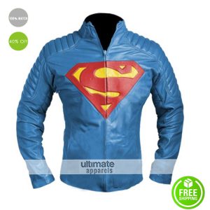 New Superman Logo Blue Collar Slim Fit Leather Jacket