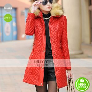New Women Parka Fur Collar Quilted Red Coat Outwear