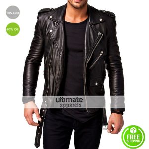 Yunqiaa Black Slim Fit Biker Genuine Lambskin Jacket