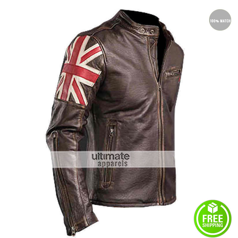 UK Flag Vintage Mens Motorcycle Cafe Racer Jacket