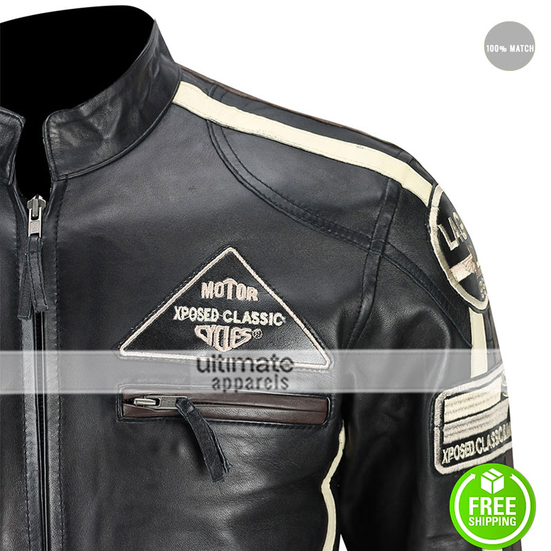 Mens Real Soft Leather Fitted Racing Biker Jacket Vintage Urban Retro Look (7)