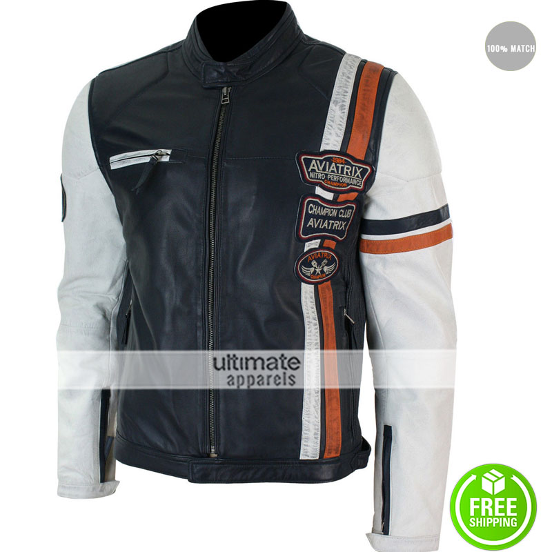 Aviatrix Retro Navy Blue/White Casual Biker Jacket