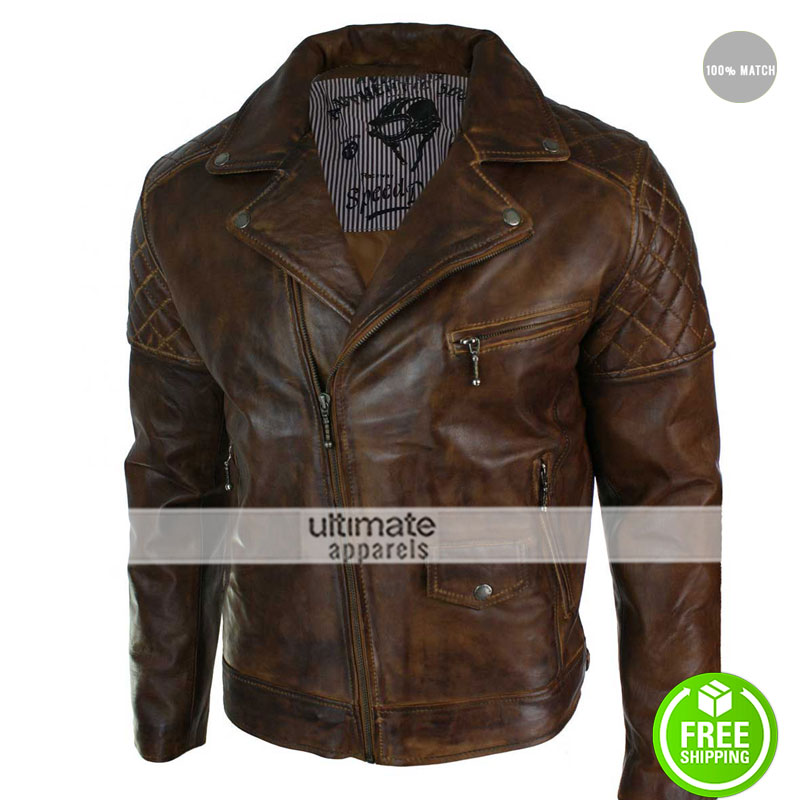 Mens Vintage Washed Tan Brown Real Leather Biker Jacket Cross Zip Retro Casual (1)