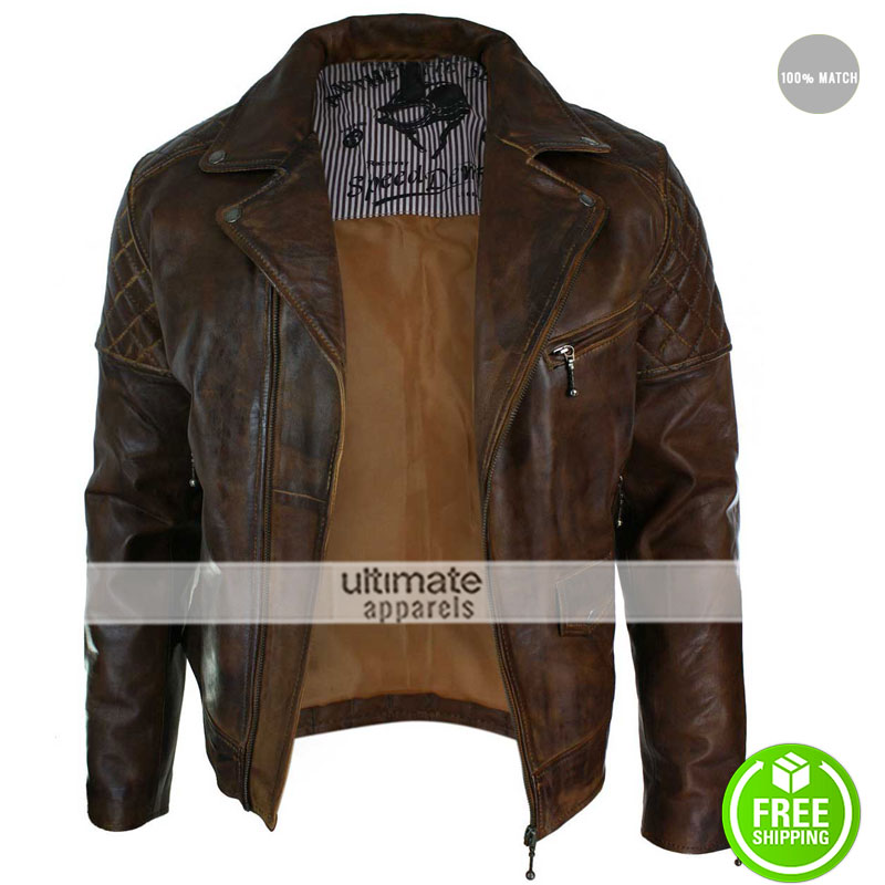 Mens Vintage Washed Tan Brown Real Leather Biker Jacket Cross Zip Retro Casual (3)