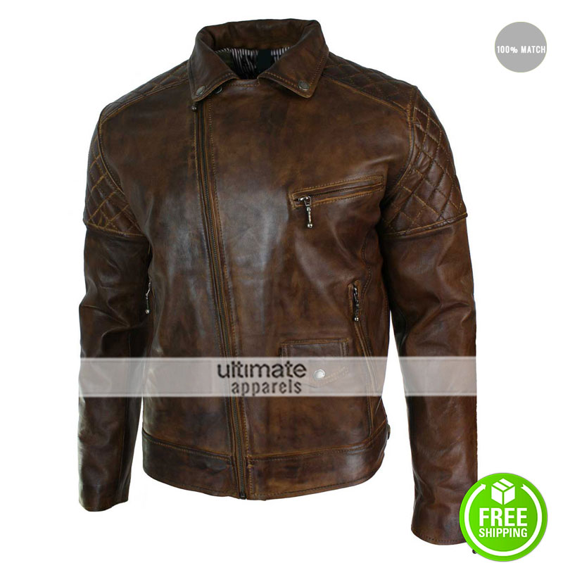 Mens Vintage Washed Tan Brown Real Leather Biker Jacket Cross Zip Retro Casual (5)