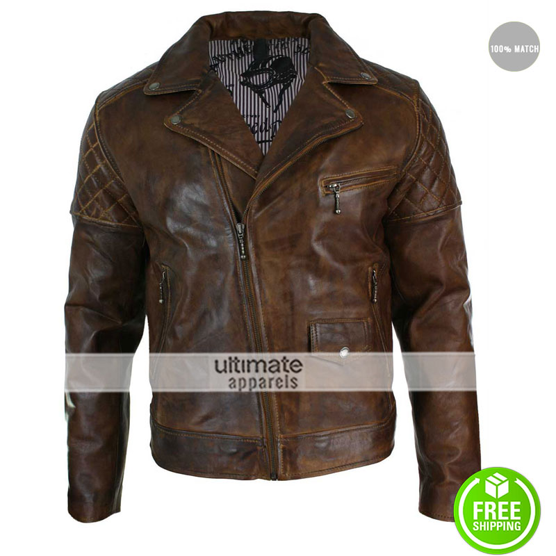 Mens Vintage Washed Tan Brown Real Leather Biker Jacket Cross Zip Retro Casual (6)