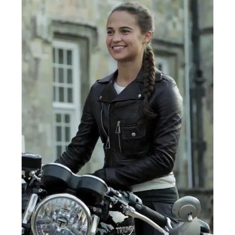 Alicia Vikander Tomb Raider Lara Croft Brando Biker Black Leather Jacket