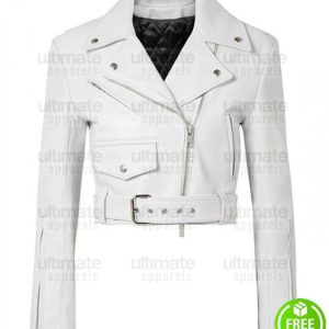 LADIES WHITE CROPPED LEATHER JACKET