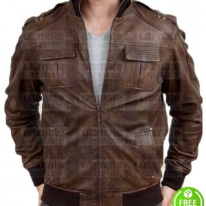 MEN'S BROWN DISTRESSED BOMBER LEATHER JACKET
