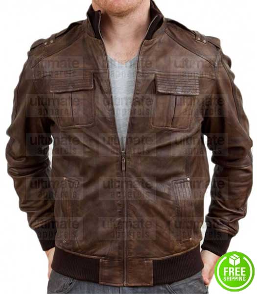 MEN'S BROWN DISTRESSED BOMBER LEATHER JACKET