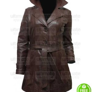 WOMEN'S LONG BROWN LEATHER JACKET