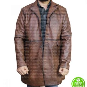 RED NOTICE DWAYNE JOHNSON BROWN DISTRESSED LEATHER COAT