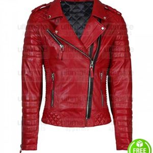 WOMEN'S RED LAMBSKIN LEATHER MOTO JACKET