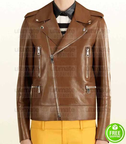 BLAKE LIVELY BROWN BIKER LEATHER JACKET