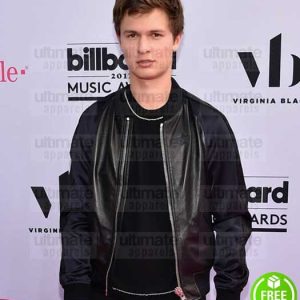 ANSEL ELGORT VARSITY BLACK BOMBER LEATHER JACKET