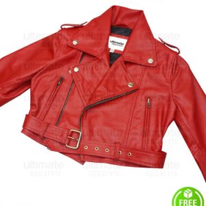 BEBE REXHA RED CROPPED BIKER LEATHER JACKET