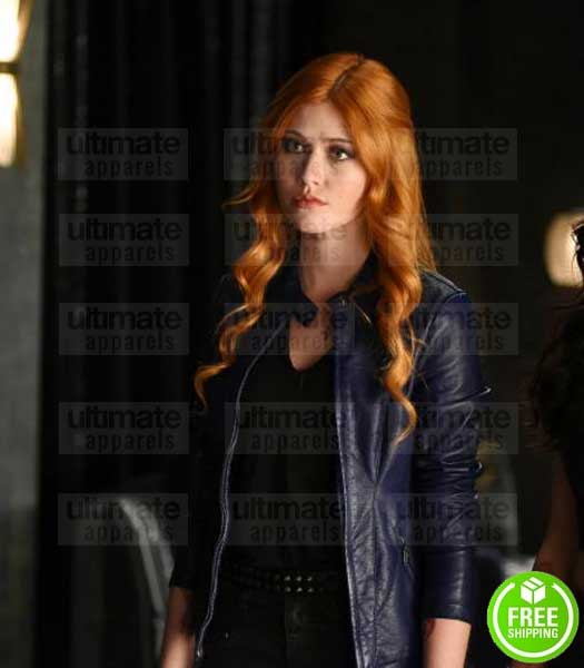 SHADOWHUNTERS KATHERINE MCNAMARA (CLARY FRAY) BLUE LEATHER JACKET