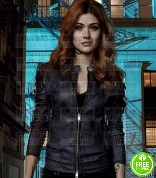 SHADOWHUNTERS KATHERINE MCNAMARA (CLARY FRAY) BLACK LEATHER JACKET