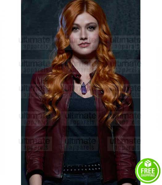 SHADOWHUNTERS KATHERINE MCNAMARA (CLARY FRAY) MARRON LEATHER JACKET