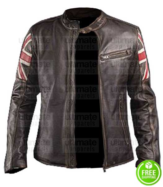 CAFE RACER WITH AMERICAN FLAG BROWN LEATHER JACKET