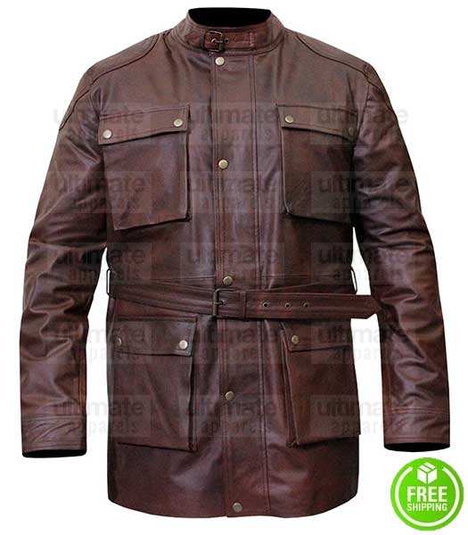 MENS BELTED BROWN DISTRESSED LEATHER JACKET