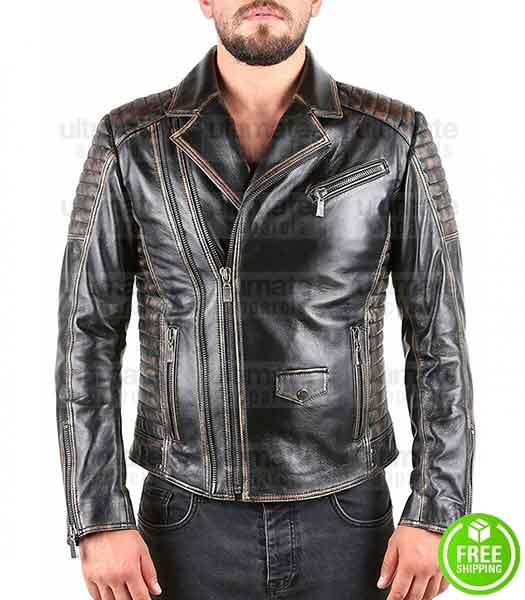 BIKER VINTAGE BLACK DISTRESSED LEATHER JACKET